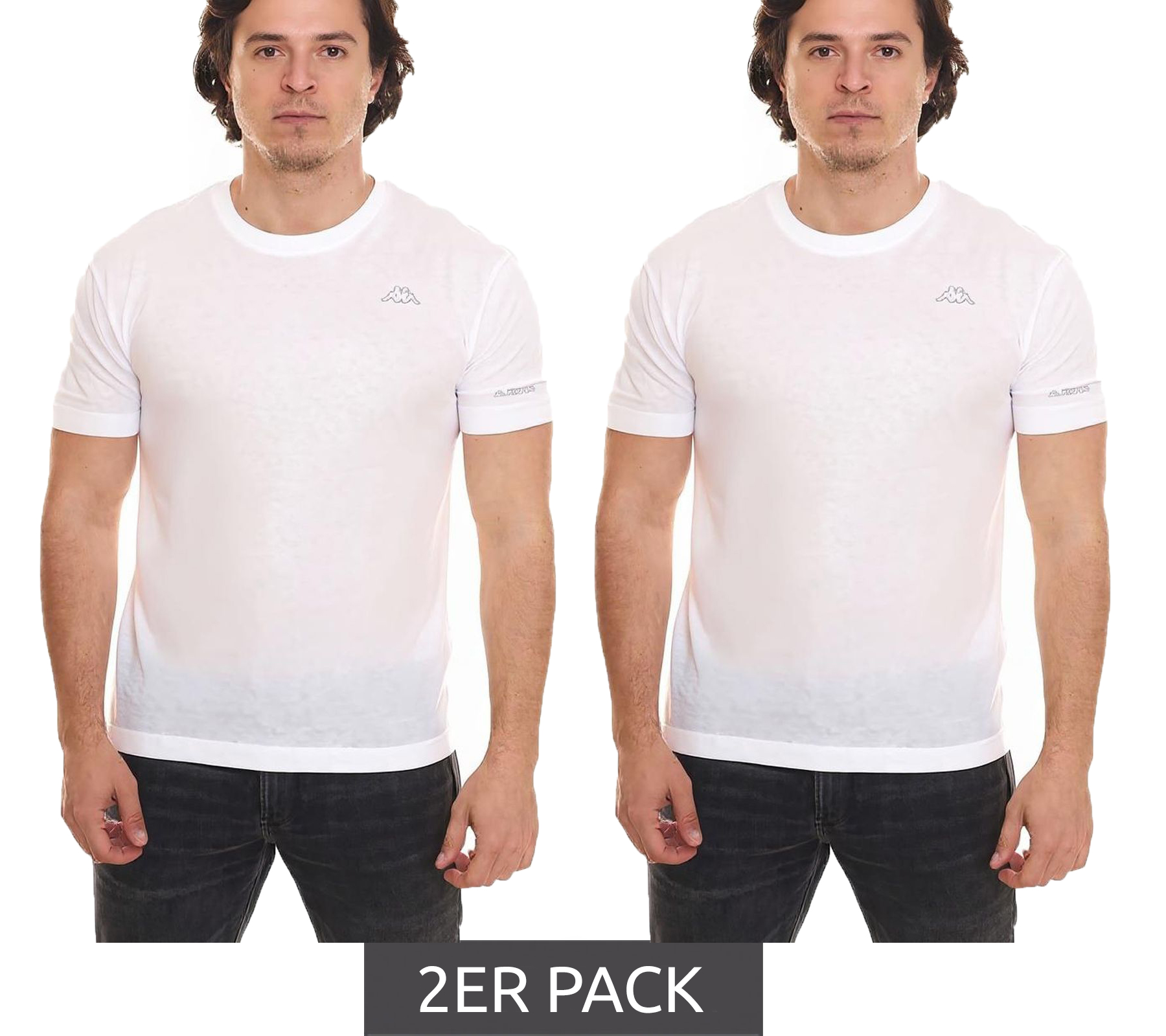2er Sparpack Kappa Herren Baumwoll-Shirt Rundhals-Shirt mit kleinem Logo-Patch Kurzarm-Shirt 711169 A1C Weiß von Kappa