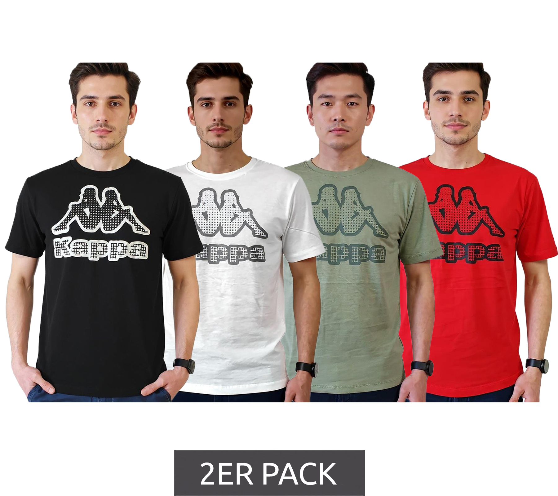 2er Sparpack Kappa Herren Baumwoll-Shirt mit großem Logo Rundhals-Shirt Kurzarm-Shirt T-Shirt Oeko-Tex 100 zertifiziert 7085/8191 Schwarz, Grün, Weiß oder Rot von Kappa
