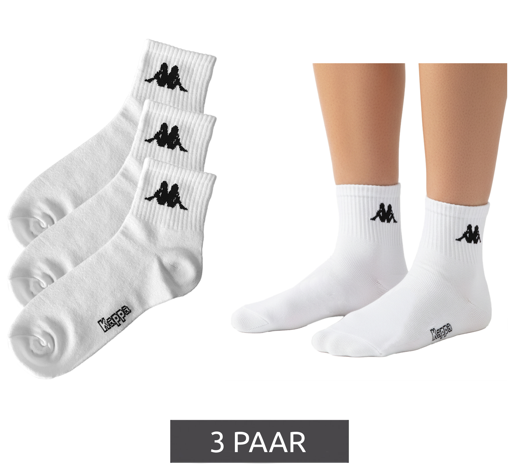 3 Paar Kappa Low Cut-Socken Baumwoll-Strümpfe mit Logo Alltags-Socken 304M5N0 923 Weiß von Kappa