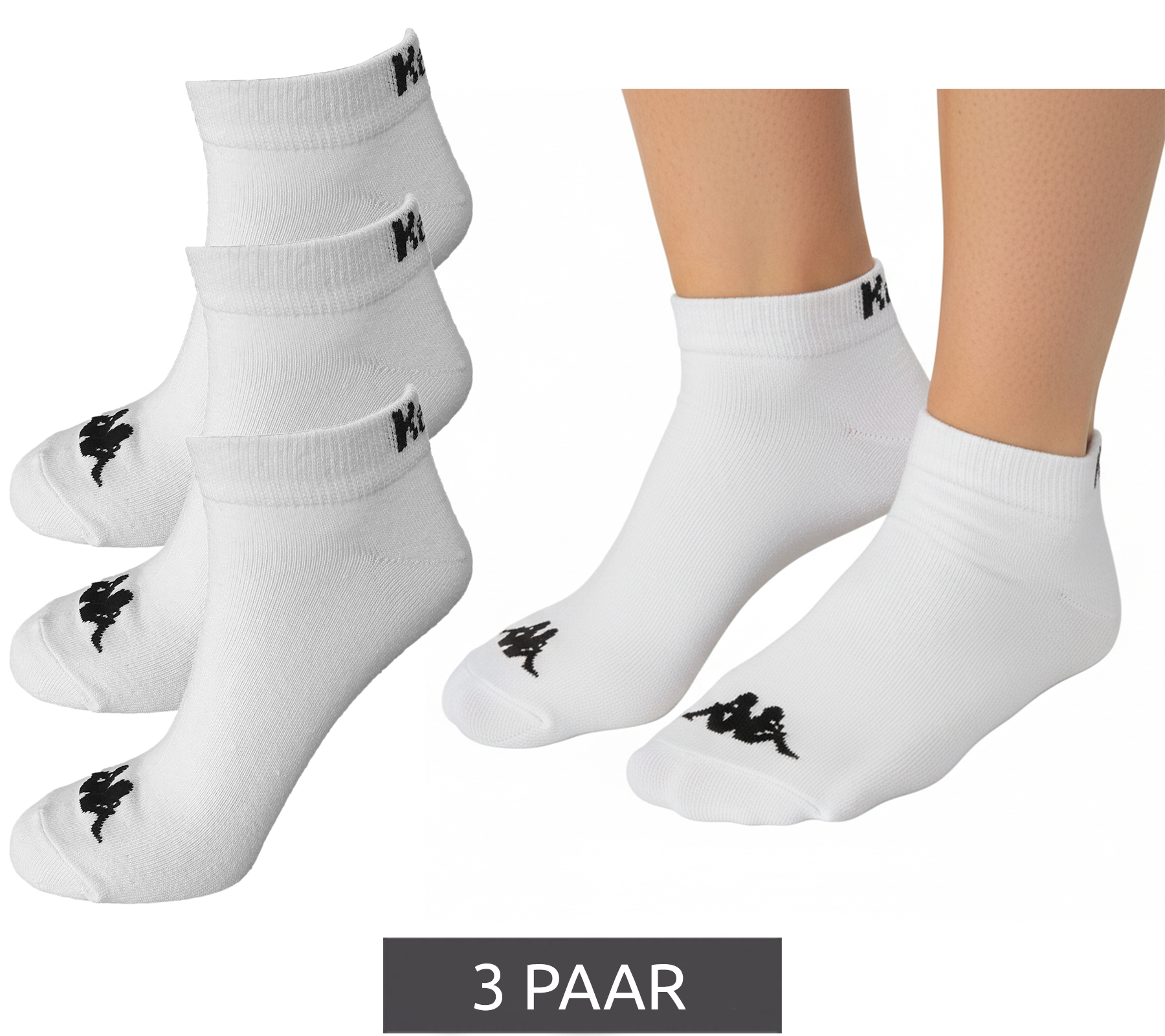 3 Paar Kappa Sportsocken Sneaker-Socken Baumwoll-Strümpfe mit Logo 3112YCW A00 Weiß von Kappa