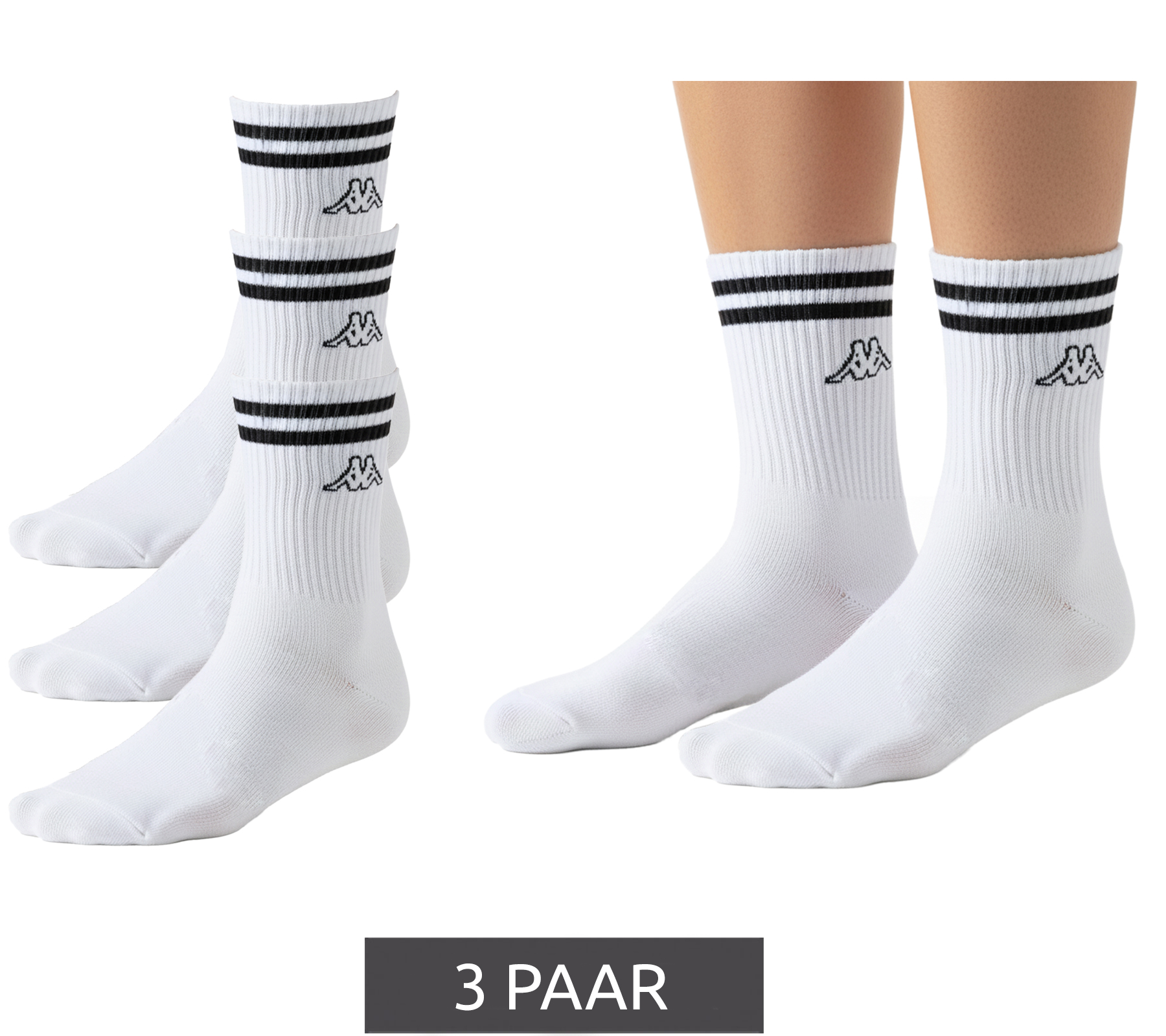3 Paar Kappa Tennis-Socken Baumwoll-Strümpfe mit Markendruck Alltags-Socken 371E7JW A00 Weiß von Kappa