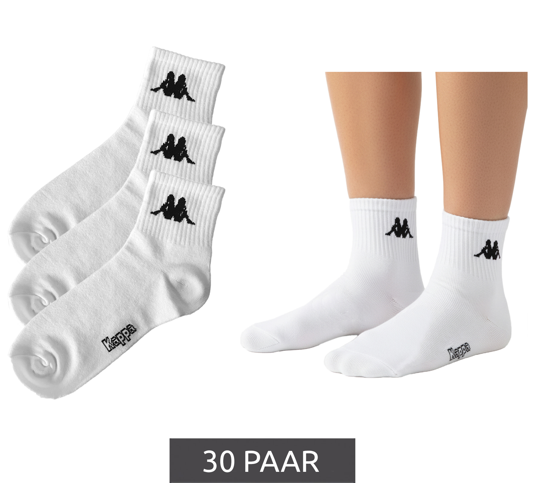 30 Paar Kappa Low Cut-Socken Baumwoll-Strümpfe mit Logo Alltags-Socken 304M5N0 923 Weiß von Kappa