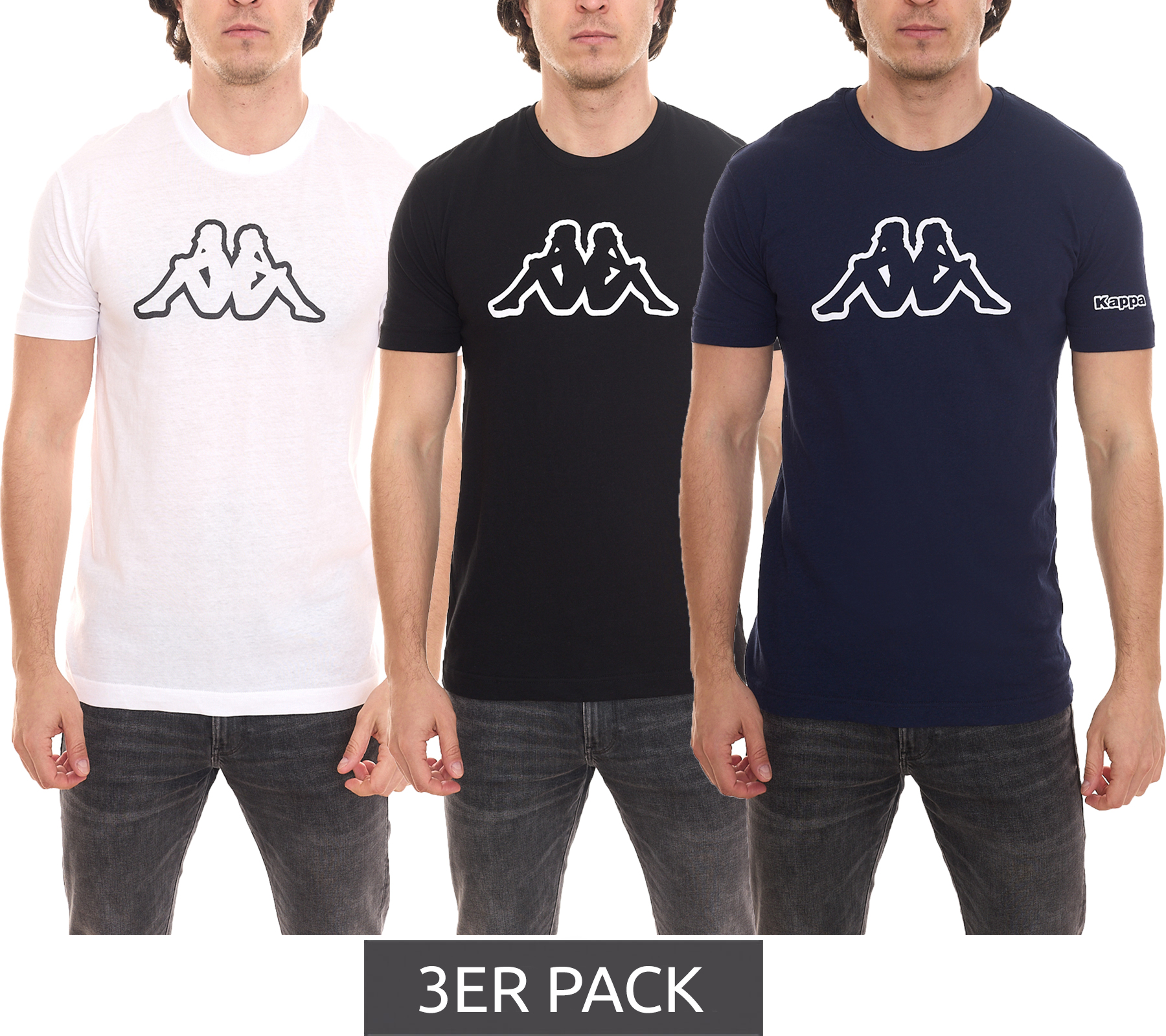 3er Pack Kappa Herren Baumwoll-Shirt Rundhals-Shirt mit großem Logo-Patch Kurzarm-Shirt Blau, Schwarz oder Weiß von Kappa