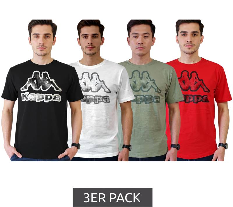 3er Sparpack Kappa Herren Baumwoll-Shirt mit großem Logo Rundhals-Shirt Kurzarm-Shirt T-Shirt Oeko-Tex 100 zertifiziert 7085/8191 Schwarz, Grün, Weiß oder Rot von Kappa