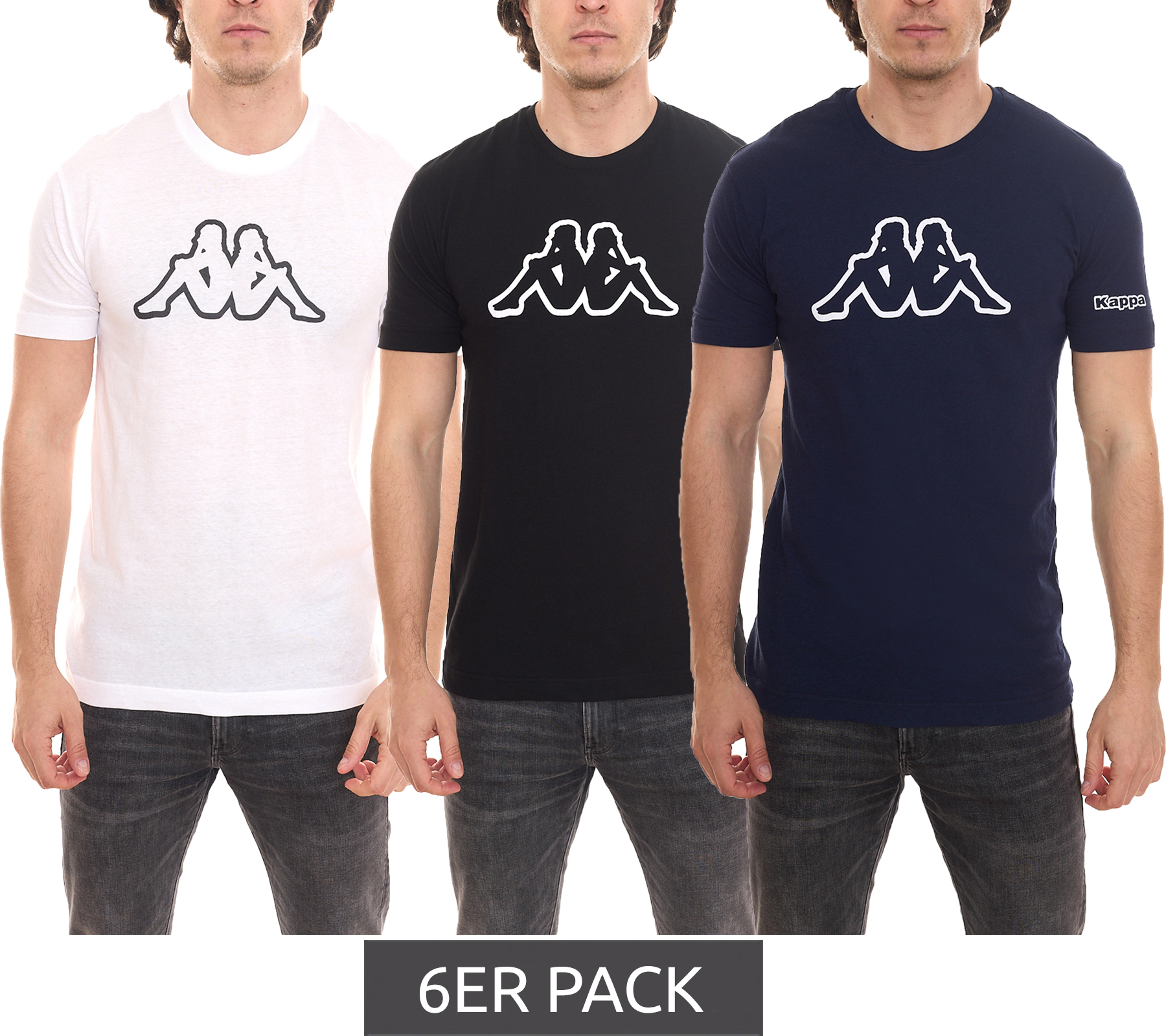 6er Pack Kappa Herren Baumwoll-Shirt Rundhals-Shirt mit großem Logo-Patch Kurzarm-Shirt Blau, Schwarz oder Weiß von Kappa