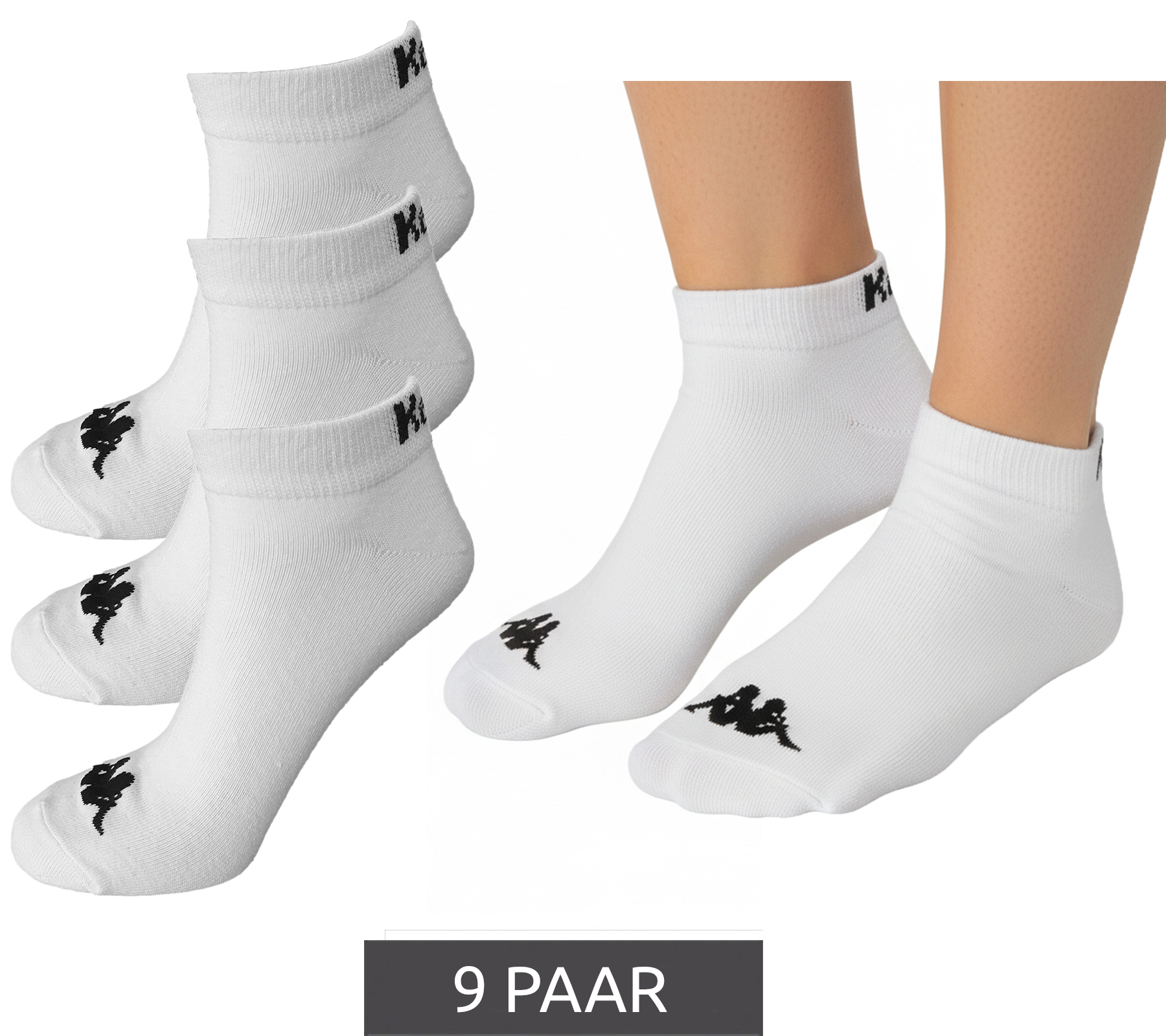 9 Paar Kappa Sportsocken Sneaker-Socken Baumwoll-Strümpfe mit Logo 3112YCW A00 Weiß von Kappa