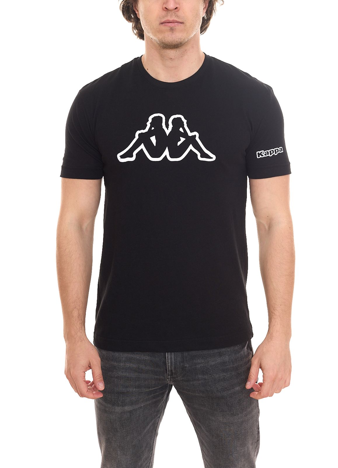 Kappa Herren Baumwoll-Shirt Rundhals-Shirt mit großem Logo-Patch Kurzarm-Shirt 19-4006 A09 Schwarz von Kappa
