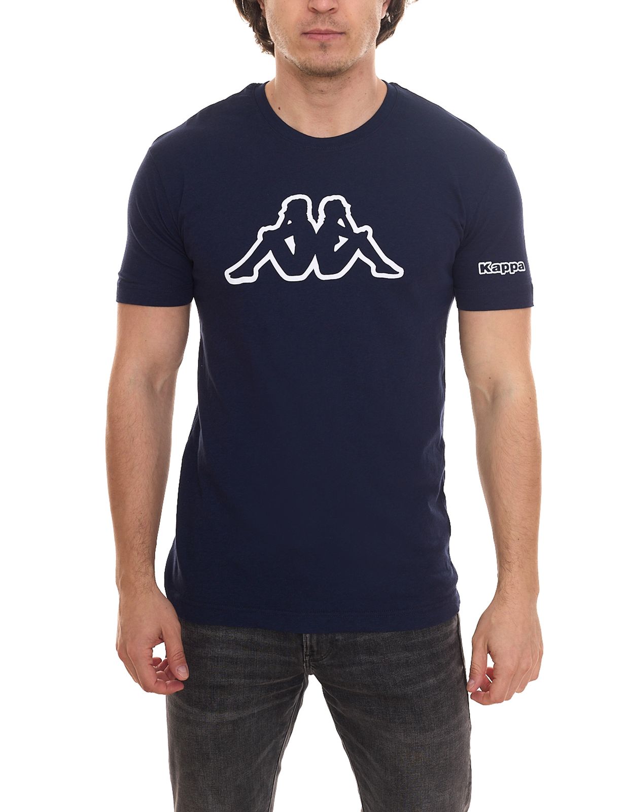 Kappa Herren Baumwoll-Shirt Rundhals-Shirt mit großem Logo-Patch Kurzarm-Shirt 19-4024 A1A Blau von Kappa