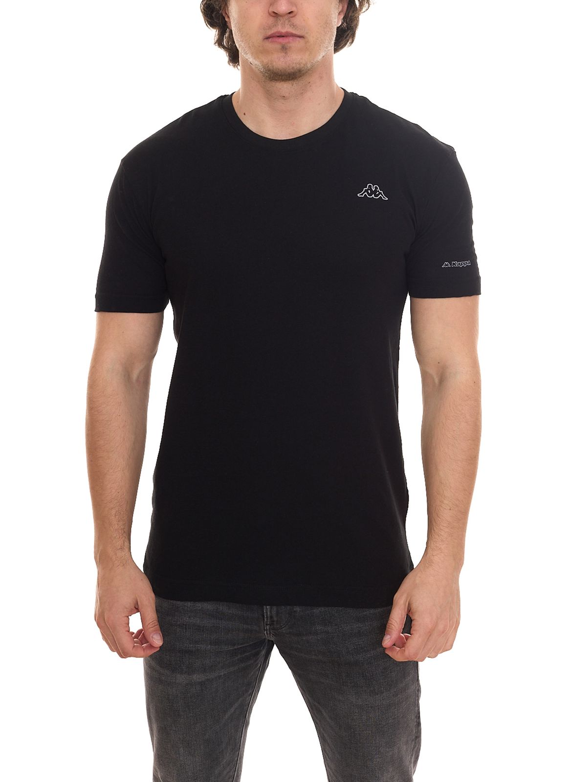 Kappa Herren Baumwoll-Shirt Rundhals-Shirt mit kleinem Logo-Patch Kurzarm-Shirt 711169 A6U Schwarz von Kappa
