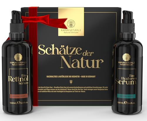 BIO Gesichtspflege Geschenk Set • 2x100 ml • Geschenke für Frauen • Vegan • Hyaluron Serum&Retinol Serum • Geschenkset Frauen Geschenke Frauen • Geschenk Freundin • Valentin, Weihnachten, Geburtstag von Kapua Naturals