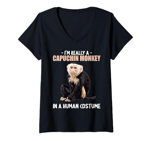 Damen Kapuzineraffen Kapuzineraffe T-Shirt mit V-Ausschnitt von Kapuzineraffen Kapuzineraffe Tier Shop