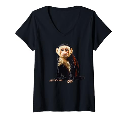 Damen Kapuzineraffen Kapuzineraffe T-Shirt mit V-Ausschnitt von Kapuzineraffen Kapuzineraffe Tier Shop