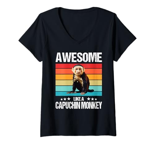 Damen Kapuzineraffen Kapuzineraffe T-Shirt mit V-Ausschnitt von Kapuzineraffen Kapuzineraffe Tier Shop