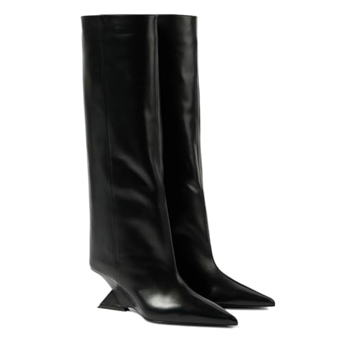 Kapxumo Damen Kniehohe Stiefel Wildleder Wedge High Heel Lange Booties Weite Wade Spitz Zehen Blockabsatz Booties Pull On Sexy Kniehohe Stiefel für Party, Schwarz, 39.5 EU von Kapxumo