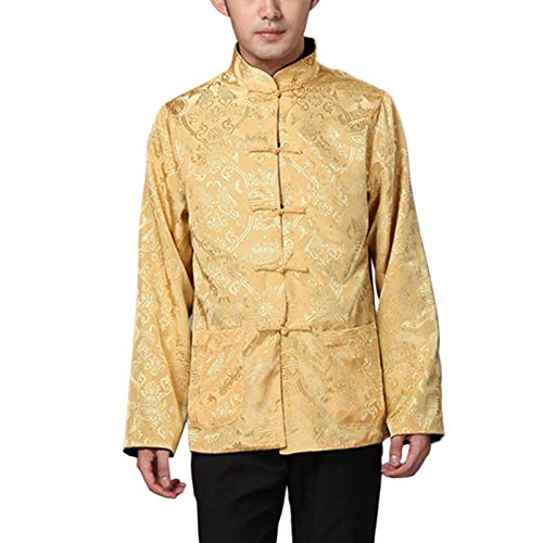 Chinesische Herren-Kleidung, Tang-Anzug – Wing Chun Shaolin Tai Chi Traditionelles Kostüm Kampfsport Kung Fu Langarm Beide Seiten Jacke Hemd Uniform, Blau und Gold, XXL von KARFRI