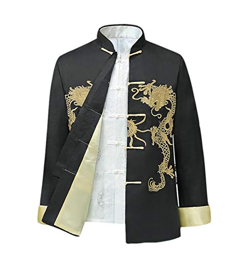 Chinesischer Stil Tai Chi Shirt Kung Fu Tops Tang-Anzug Herren Langarm Drachen bestickte Jacke Mantel Outwear, Schwarz , XXXL von KARFRI