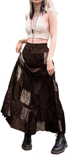 KarFri Damen 90er Jahre Grunge Bauernrock Plissee A Linie Langer Rock Boho Steampunk Asymmetrischer Saum Flowy Maxi Röcke, braun, 44 von KARFRI
