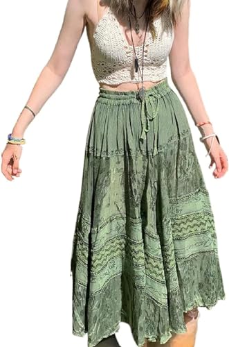 KarFri Damen 90er Jahre Grunge Bauernrock Plissee A Linie Langer Rock Boho Steampunk Asymmetrischer Saum Flowy Maxi-Röcke (S,Grün), grün von KarFri