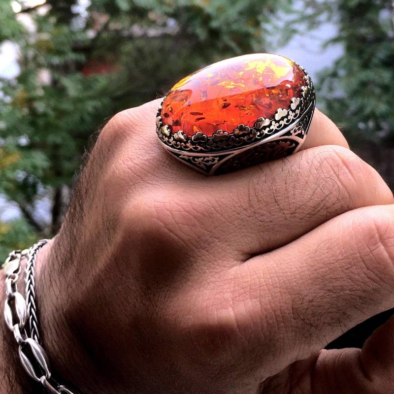 Bernstein Statement Ring Sterling Silber Herren Einzigartiger Handgemachter Schmuck von KaraDeluxe