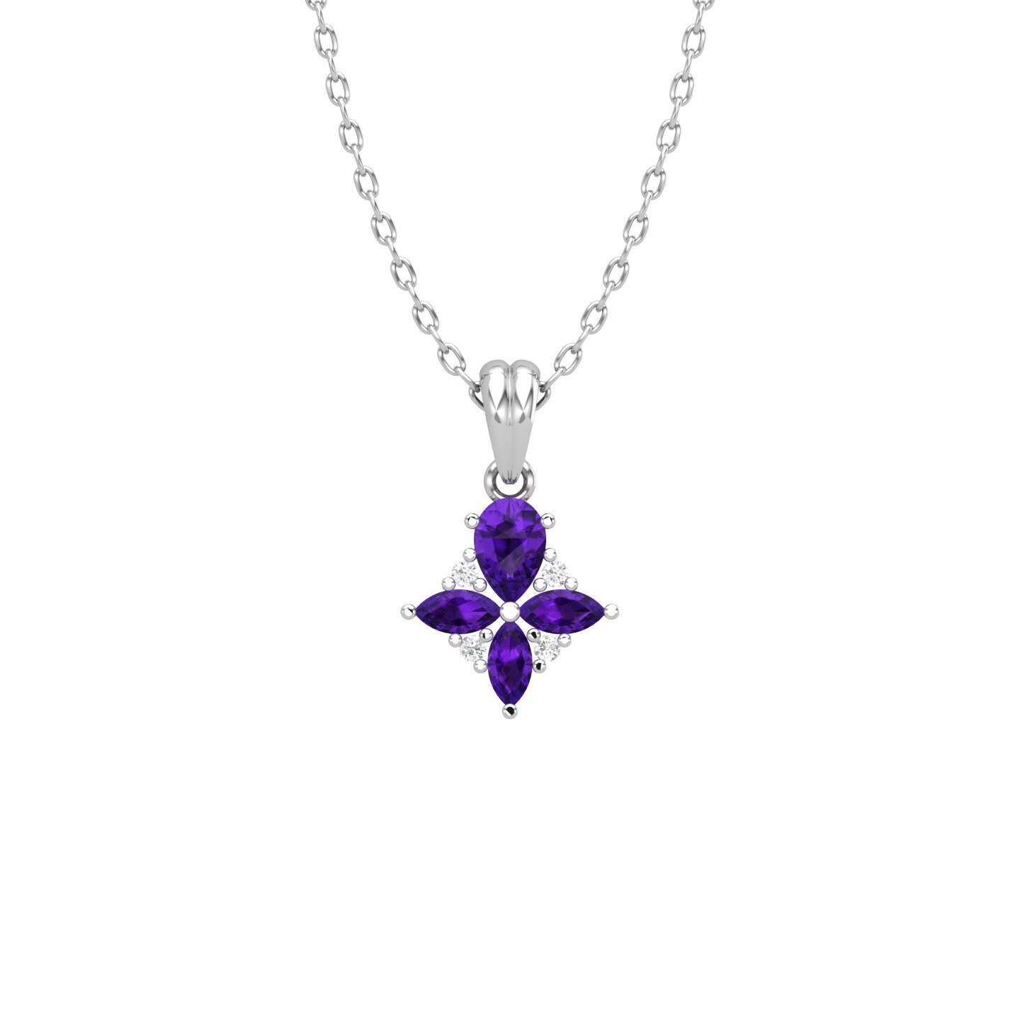 Designer-Halskette Aus 14 Karat Massivem Gold Mit Natürlichem Amethyst Und Diamant Für Frauen, Art-Deco-Halskette, Anhänger Geburtsstein Februar von KaranaJewels