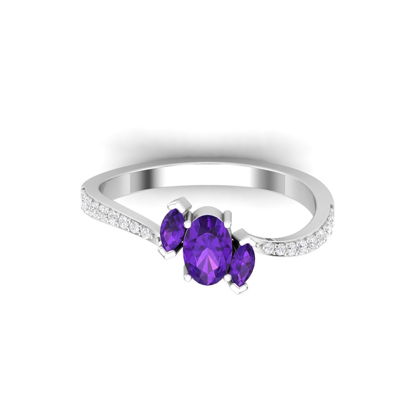 Handgefertigter Stapelbarer Art-Déco-Ring Aus 14 Karat Massivem Gold Mit Natürlichem Amethyst Und Diamant Für Frauen, Ring Geburtsstein Im Februar von KaranaJewels