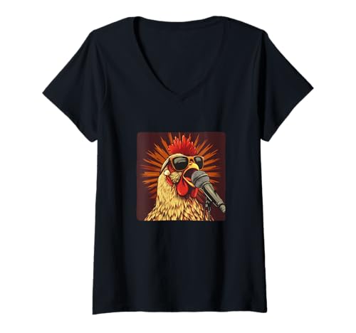 Damen Awesome Chicken Karaoke mit Sonnenbrille und Mikrofon Kostüm T-Shirt mit V-Ausschnitt Damen Awesome Chicken Karaoke mit Sonnenbrille und Mikrofon Kostüm T-Shirt mit V-Ausschnitt von Karaoke Chicken Outfit