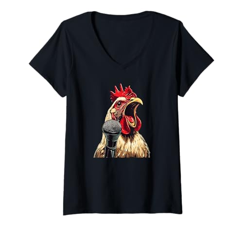 Damen Cooles singender Hahn mit Mikrofon Kostüm für Jungen und Mädchen T-Shirt mit V-Ausschnitt von Karaoke Chicken Outfit