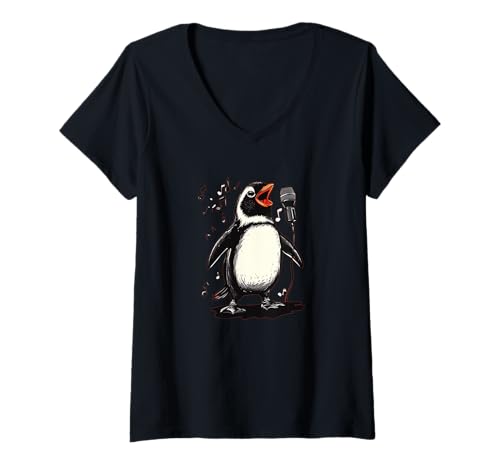 Damen Lustiger Pinguin mit Karaoke-Mikrofon Kostüm für Jungen und Mädchen T-Shirt mit V-Ausschnitt von Karaoke Penguin