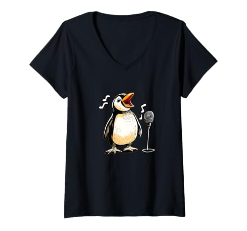 Damen Niedlicher singender Pinguin mit Karaoke-Mikrofon-Kostüm T-Shirt mit V-Ausschnitt von Karaoke Penguin
