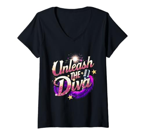 Damen Karaoke Karaokesänger Unleash The Diva T-Shirt mit V-Ausschnitt Damen Karaoke Karaokesänger Unleash The Diva T-Shirt mit V-Ausschnitt von Karaokebar Karaoke