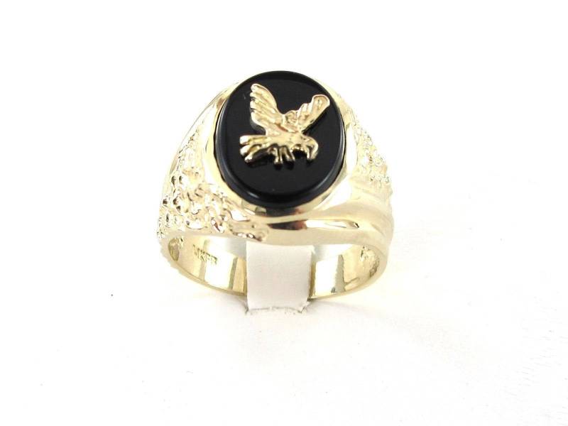 14K Gelb Gold Herren Onyx Adler Ring von Karatcaratjewelry