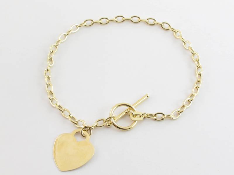 14K Gelb Gold Rolo Link Knebelverschluss Armband - Glänzendes Baumelndes Herz von Karatcaratjewelry