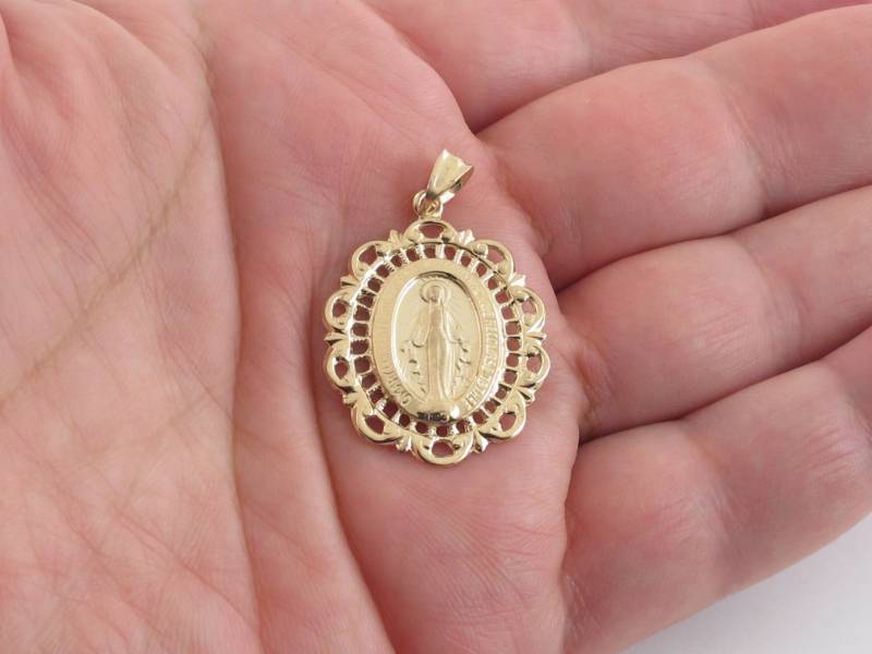 14K Solide Gelbgold Jungfrau Maria Medaille Anhänger von Karatcaratjewelry