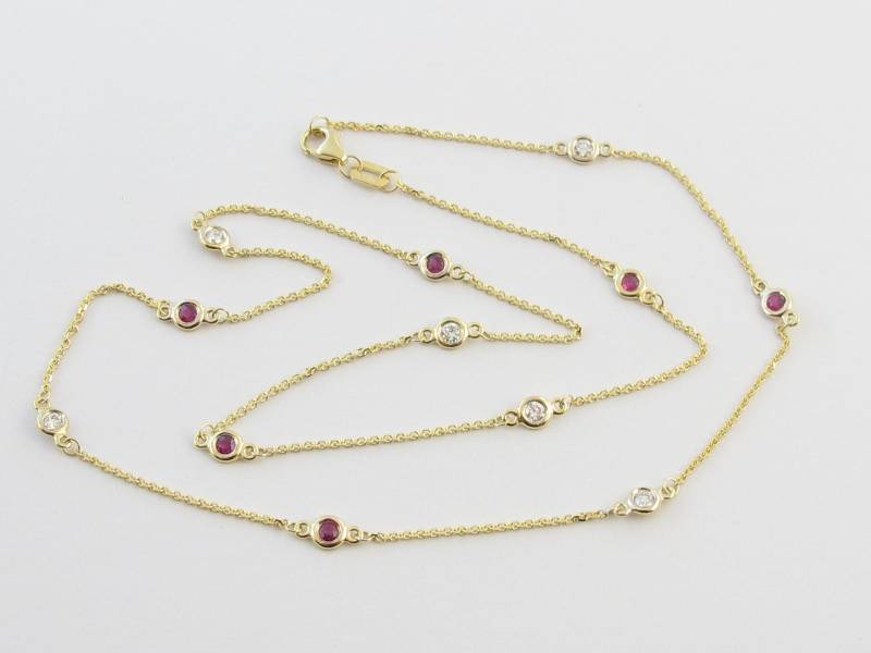 Diamant Und Rubin Großbestand Station Halskette 14K Gelbgold 16 "18" 20" von Karatcaratjewelry