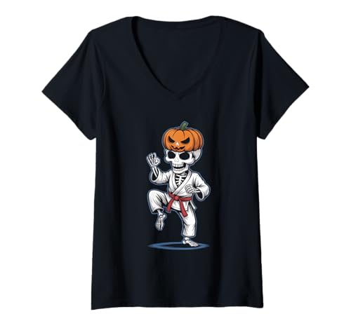 Damen Halloween Skeleton Karate Design T-Shirt mit V-Ausschnitt Damen Halloween Skeleton Karate Design T-Shirt mit V-Ausschnitt von Karate Halloween Kostüm