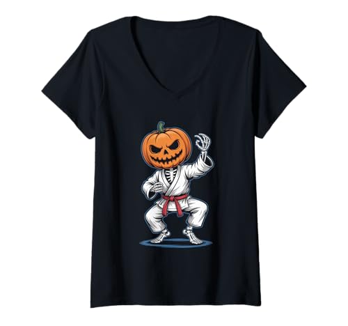 Damen Halloween Skeleton Karate T-Shirt mit V-Ausschnitt Damen Halloween Skeleton Karate T-Shirt mit V-Ausschnitt von Karate Halloween Kostüm