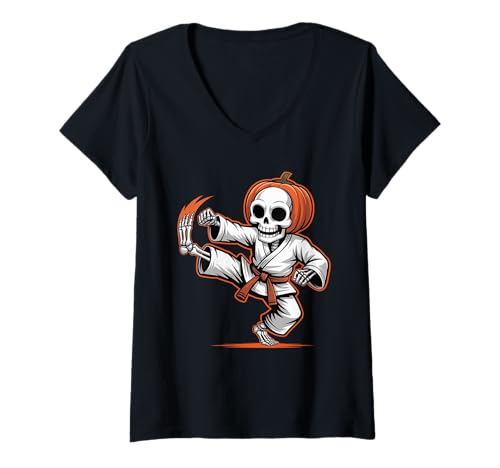Damen Kürbis Skelett Karate Meister Halloween Kostüm Humor Kinder T-Shirt mit V-Ausschnitt Damen Kürbis Skelett Karate Meister Halloween Kostüm Humor Kinder T-Shirt mit V-Ausschnitt von Karate Halloween Skeleton Spooky Sport Adult Kids