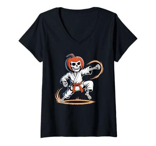 Damen Kürbis Skelett Karate Meister Halloween Kostüm Humor T-Shirt mit V-Ausschnitt Damen Kürbis Skelett Karate Meister Halloween Kostüm Humor T-Shirt mit V-Ausschnitt von Karate Halloween Skeleton Spooky Sport Adult Kids