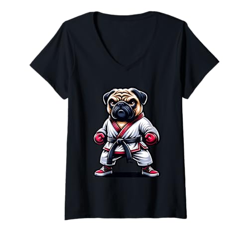 Damen Karate Mops Meister Hund Kampfsport T-Shirt mit V-Ausschnitt Damen Karate Mops Meister Hund Kampfsport T-Shirt mit V-Ausschnitt von Karate Mops Meister Hund Kampfsport