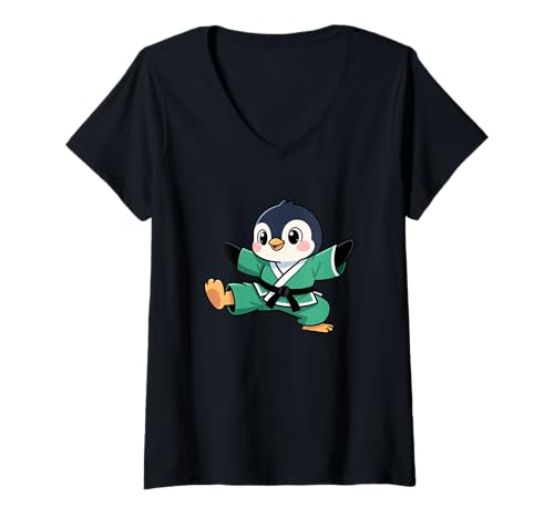 Damen Niedliches Cartoon-Pinguin-Karate-Kinder-Design T-Shirt mit V-Ausschnitt Damen Niedliches Cartoon-Pinguin-Karate-Kinder-Design T-Shirt mit V-Ausschnitt von Karate Penguin Kids Martial Arts Fun