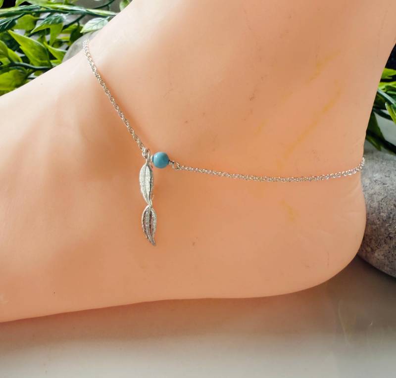 Süßes Fußkettchen Mit 2 Federn Türkis/Sterling Silber 925/ Geschenke Für Sie Geburtstag Graduierung Hochzeit Brautjungfer Strand Sommer von KaratnCaratsJewelry