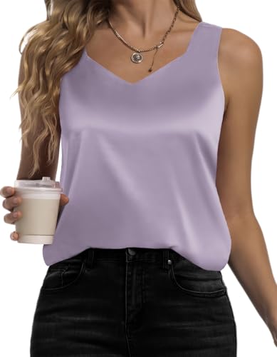 Karcermee Damen-Tank-Top, Seidensatin, V-Ausschnitt, Camisole lässig, ärmellos, Blusen, seidig, Basic-Tanks, Flieder, Klein von Karcermee