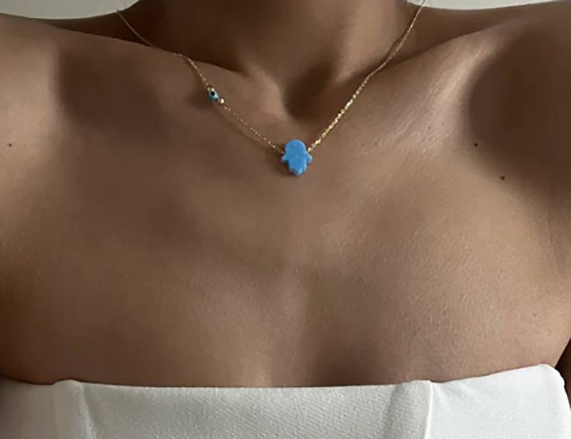 Fatimas Hand Opal Kette Mit Nazar - 925 Silber von Kardelenjewellry