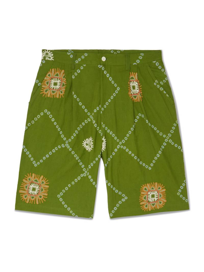 Kardo - Straight-Leg Embroidered Printed Pleated Cotton Shorts - Men - Green - M von Kardo