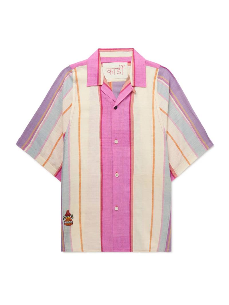 Kardo - Yusuke Convertible-Collar Embroidered Striped Silk Shirt - Men - Pink - S von Kardo