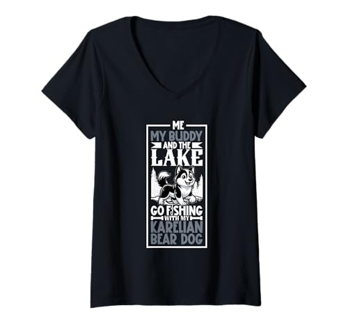 Damen Angeln und Karelischer Bärenhund T-Shirt mit V-Ausschnitt Damen Angeln und Karelischer Bärenhund T-Shirt mit V-Ausschnitt von Karelischer Bärenhund Designs