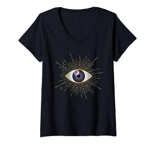 Damen Gelb & Violett Lila Böser Blick Sonne Mond & Stern Nazar Mati T-Shirt mit V-Ausschnitt Damen Gelb & Violett Lila Böser Blick Sonne Mond & Stern Nazar Mati T-Shirt mit V-Ausschnitt von Karen Gold - Amulet & Talisman Gift Designs