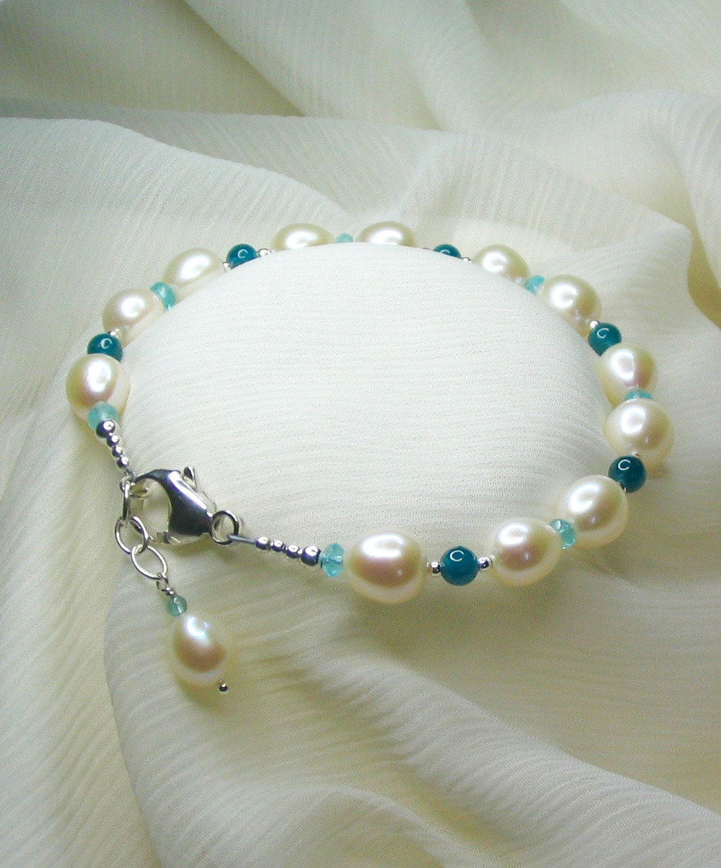 Süßwasserperle/Apatit Sterlingsilber-Edelstein-Armband, Echter Natürlicher Edelstein, Karabinerverschluss, Einstellbar 18 Bis cm Süßwasserperle/Apatit Sterlingsilber-Edelstein-Armband, Echter Natürlicher Edelstein, Karabinerverschluss, Einstellbar 18 Bis cm von KarenCooperJewelry