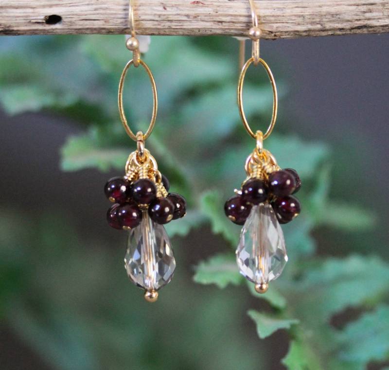 Granat & Champagner Glas Tropfen Ohrringe Vergoldeter Brautschmuck von Karenda