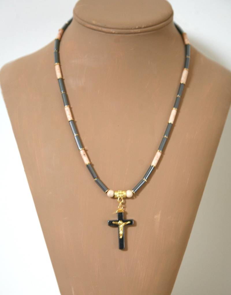 Herren Hämatit Und Flussstein Kreuz Halskette Religiöser Schmuck von Karenda